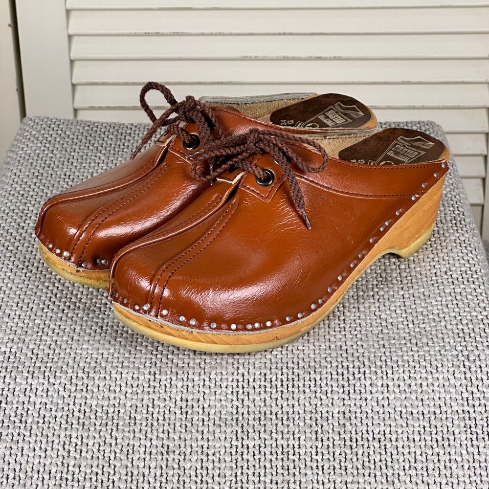 Vintage Bastad Cognac Brown Leather Wooden Clogs 70s Lace Up Mules EU 34 /US 4.5